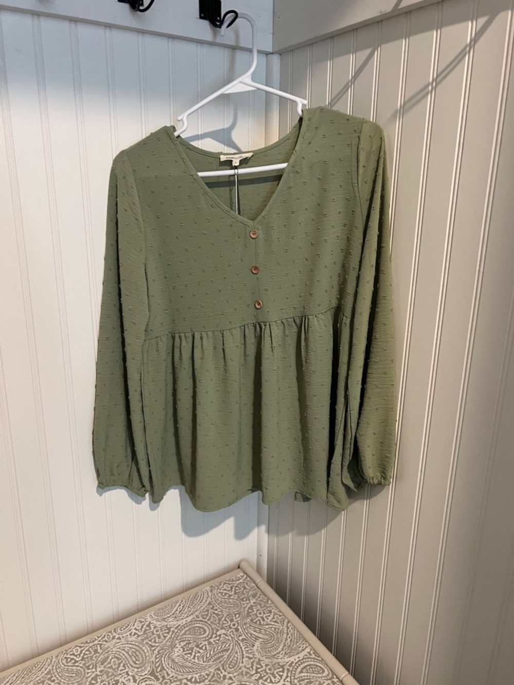 New Olive Green V-Neck Peasant Blouse with Button Detail